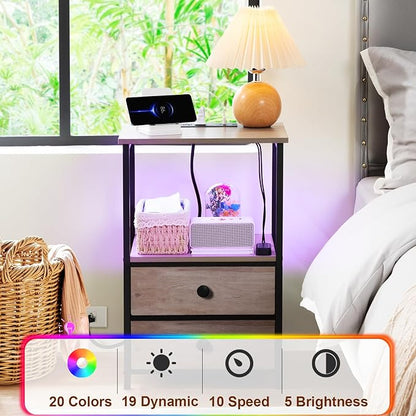 Night Stand Set 2, LED Nightstand with Charging Station, End Tables with Storage Shelf, Bedside Table with 2 Fabric Drawers for Bedroom, Small Spaces, Grey HETS02PGY