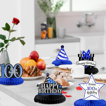 Happy 100th Birthday Decorations,100th Bday Blue Glitter Shiny Stand Honeycomb Table Centerpieces - Cheers to 100 Years Old Birthday Party Photoprop Gift Sign.