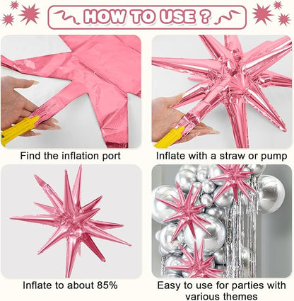 Pink Green Black Star Balloons,9Pcs 22Inch Pink Green Explosion Spike Cone Helium Star Foil Balloons for Witch Birthday Anniversary Disco Party Decorations