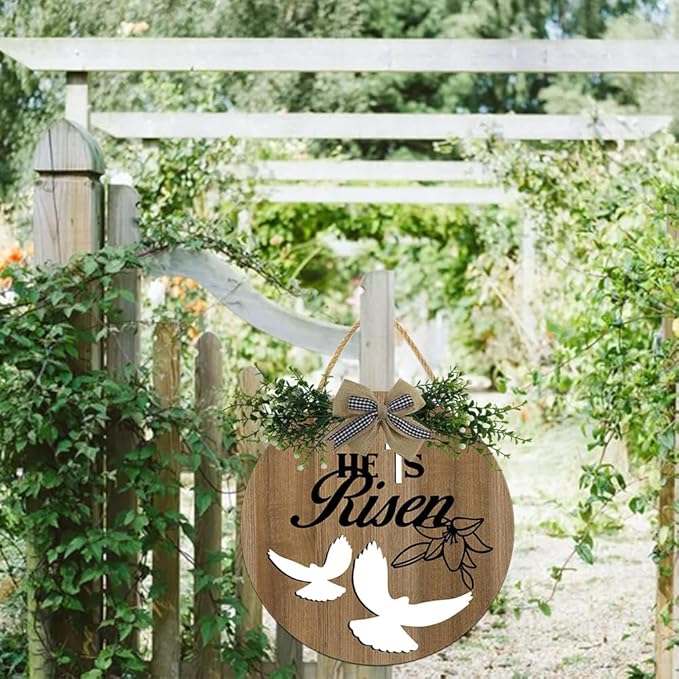 Boylee Easter Wooden Hanging Sign He Is Risen Sign Door Decoration with Bow Rustic Easter Wood Wreath Sign for Easter Spring Holiday Home Coffee Shop Bakery Farmhouse Window