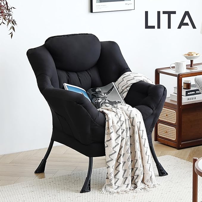 LITA Lazy Chair with Armrests and Side Pocket, Modern Upholstered Accent Reading Chair for Living Room, Bedroom, Dorm, Small Spaces, Single Black