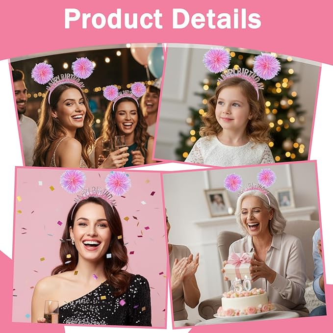 Birthday Crown for Girls and Women, Pom Pom Headband Happy Birthday Tiara Hair Headband Accessories for Adults Kids(Pink)