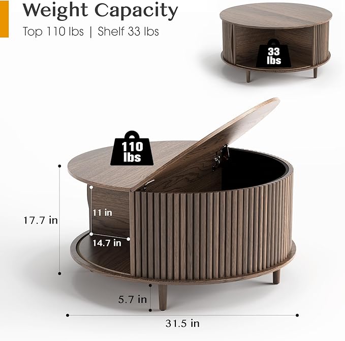 Round Coffee Table with Storage, 31.5" Fluted Center Table for Living Room, Modern Walnut Wood Circle Drum Table with Sliding Cabinet Door, Mid Century Furniture for Small Space