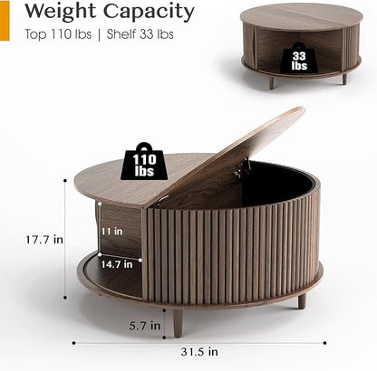 Round Coffee Table with Storage, 31.5" Fluted Center Table for Living Room, Modern Walnut Wood Circle Drum Table with Sliding Cabinet Door, Mid Century Furniture for Small Space