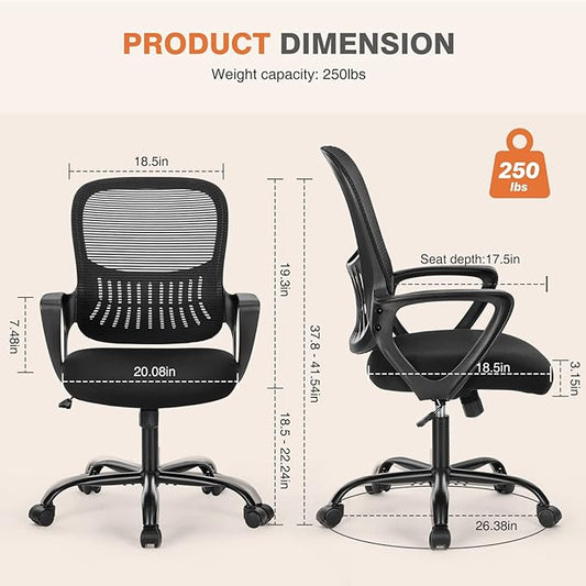 Sweetcrispy Ergonomic Mid-Back Mesh Home Office Desk Chair with Wheels, Lumbar Support, and Comfortable Armrests for Home, Bedroom, Study, Office