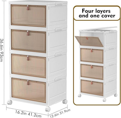 4 Tier Plastic Storage Bins with Lid 28QT - Stackable Storage Containers with Wheels, Folding Storage Boxes, Collapsible Storage Bins, Organizers and Storage