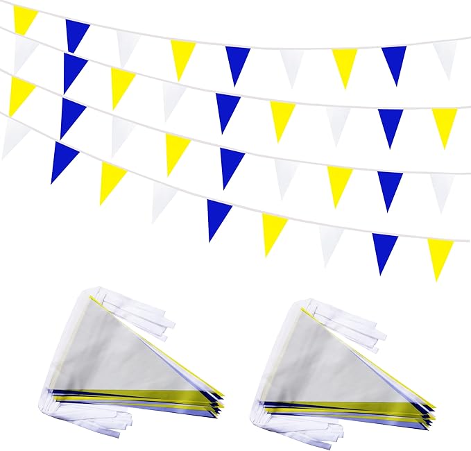 100 Feet 60 Pcs Yellow White and Blue Pennant Banner Flag String Hanging Triangle DIY Flag, Bunting Streamers Decoration for Grand Opening, Birthday, Wedding Celebration (Yellow White & Blue)
