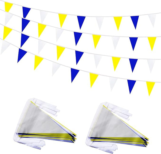 100 Feet 60 Pcs Yellow White and Blue Pennant Banner Flag String Hanging Triangle DIY Flag, Bunting Streamers Decoration for Grand Opening, Birthday, Wedding Celebration (Yellow White & Blue)