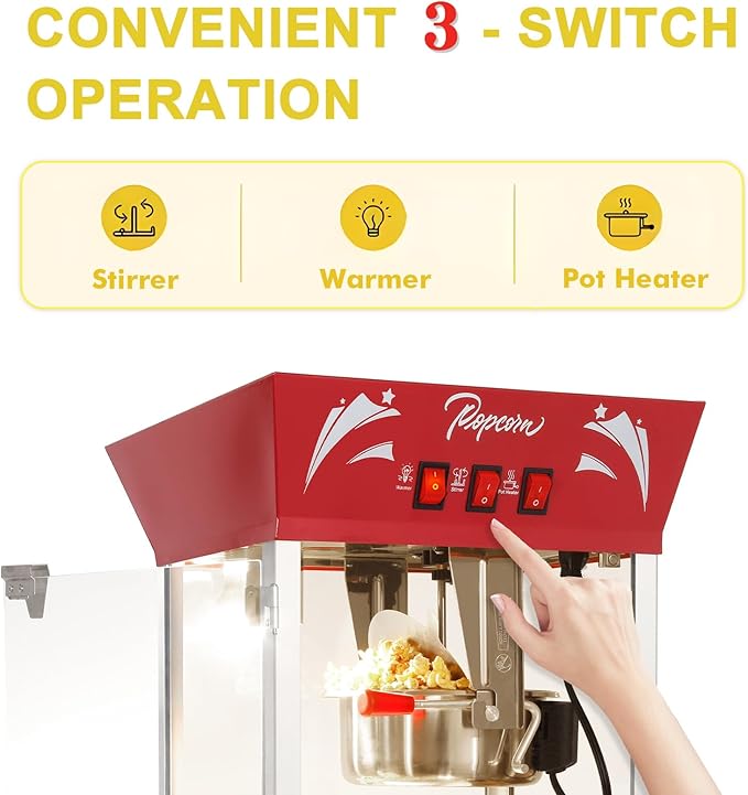 Commercial Popcorn Machine 12Oz with Warming Light, Makes 60 Cups, Theater Style Stainless Steel Popper with Tempered Glass - for Home Theater, Parties & Business, Red