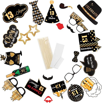 LINGTEER Happy 13th Birthday Party Photo Booth Props,Cheers to 13th Birthday Thirteen Years Old Bday Party Centerpieces Props Decorations Sign.