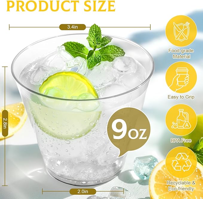 150 Pack Plastic Cups 9 oz Clear Plastic Cups for Cocktail Fancy Disposable Cup for Party Stemless Wine Glasses for Wedding Thanksgiving Christmas Party Graduation