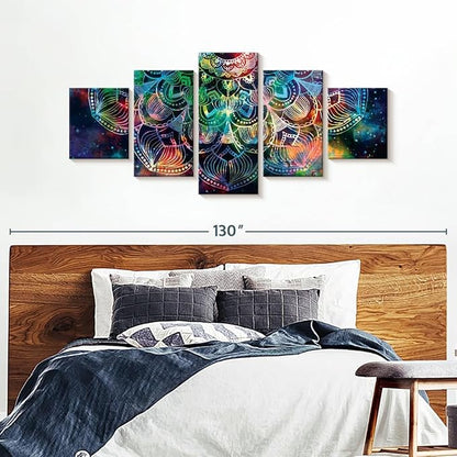ElephantStock - Celestial Mandala Wall Art - Horizontal Multi Panel Canvas - 5 Piece Living Room Wall Decor - Digital Art Elements Multi Piece Wall Art - Turquoise And Blue Decor - 92" x 42"