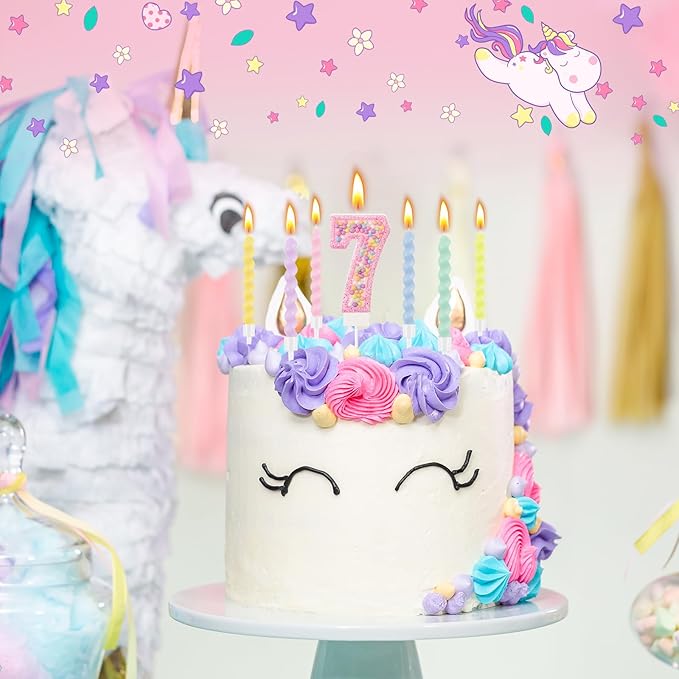 MTLEE Number 7 Birthday Candle with 12 Pcs Spiral Candles for Girls Macaron Pastel Rainbow Unicorn Pink Cake Topper for Sweet Theme Party Decoration