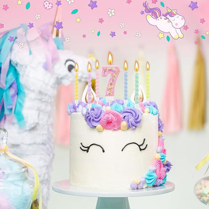MTLEE Number 7 Birthday Candle with 12 Pcs Spiral Candles for Girls Macaron Pastel Rainbow Unicorn Pink Cake Topper for Sweet Theme Party Decoration