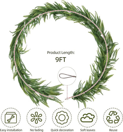 9FT Pre-Lit Artificial Christmas Garland with LED String Lights,Norfolk Pine Garland, Christmas Decorations Indoor Table Mantle Background Wall Room Winter Garland Outdoor Indoor Christmas Decor