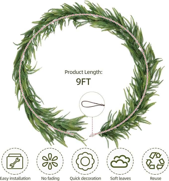 9Ft Artificial Pine Garlands, Realistic Pine Garland, Green Artificial Greenery Garland for Table, Mantle, Wall, Indoor, Outdoor Winter Christmas Decorations