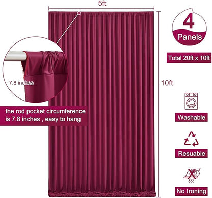 4 Panels Burgundy Backdrop Curtain for Parties Wedding Wrinkle Free Maroon Photo Curtains Backdrop Drapes Fabric Decoration for Birthday Engagement Ceremony 20ft(W) x 10ft(H)