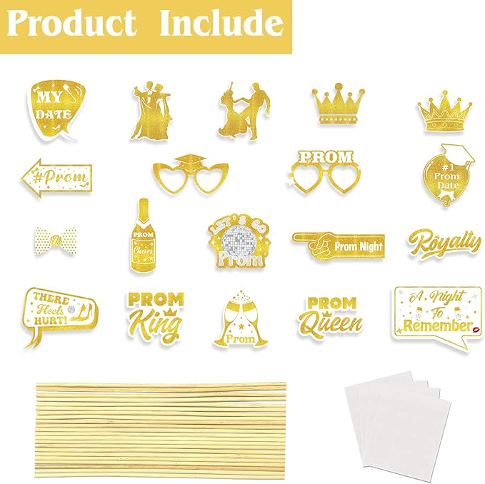 19Pcs White Gold Prom Photo Booth Props, Prom Decorations for Party, Prom Night Themed Party Decorations, Graduation Party Supplies