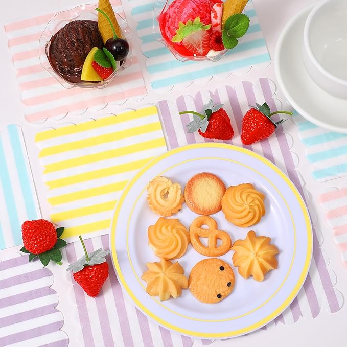 200 Pack Scalloped Pastel Napkins Mixed Stripe Ice Cream 5 x 5 Inch Disposable Paper Cocktail Beverage Napkins for Pastel Summer Party Shower Birthday Dinner Decor Supplies Favor (4 Colors)