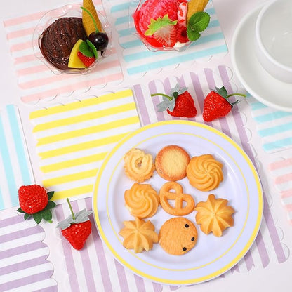 200 Pack Scalloped Pastel Napkins Mixed Stripe Ice Cream 5 x 5 Inch Disposable Paper Cocktail Beverage Napkins for Pastel Summer Party Shower Birthday Dinner Decor Supplies Favor (4 Colors)