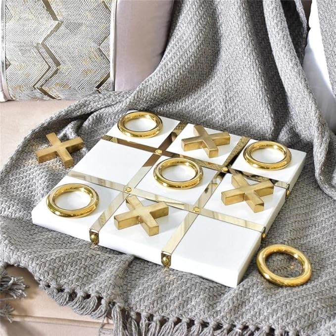 Modern Tic Tac Toe for Home Decoration, Gold and White Hand Crafted with White Wood and Gold Color Stainless Steel, Decorative Tic Tac Toe, Table Top Decoration, X/O Board