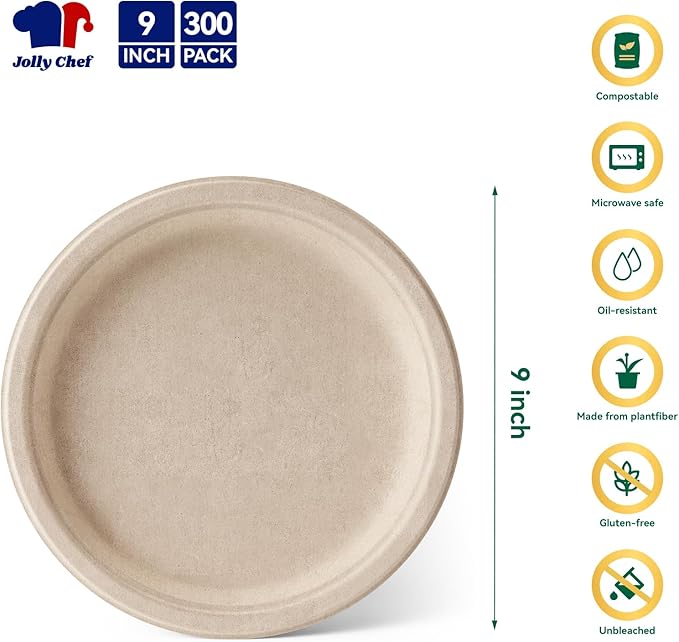 JOLLY CHEF Compostable Heavy Duty Plates 9 Inch [300 Pack] Eco-Friendly Disposable Natural Paper Plates Bagasse Biodegradable Bulk for Party Dinner Sugarcane Fibers Lunch Christmas (Brown)