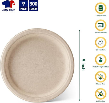 JOLLY CHEF Compostable Heavy Duty Plates 9 Inch [300 Pack] Eco-Friendly Disposable Natural Paper Plates Bagasse Biodegradable Bulk for Party Dinner Sugarcane Fibers Lunch Christmas (Brown)