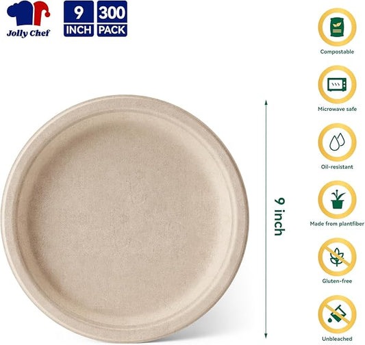 JOLLY CHEF Compostable Heavy Duty Plates 9 Inch [300 Pack] Eco-Friendly Disposable Natural Paper Plates Bagasse Biodegradable Bulk for Party Dinner Sugarcane Fibers Lunch Christmas (Brown)