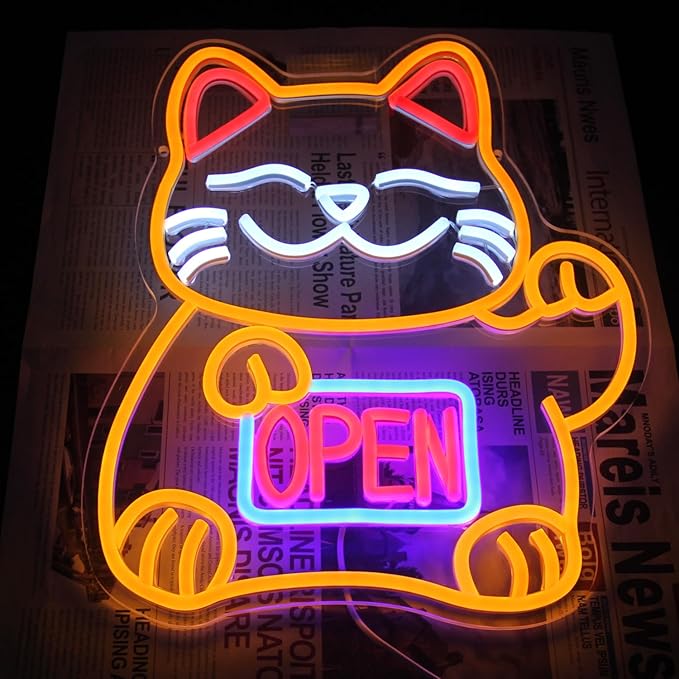 Lucky Cat Neon Sign Open LED Signs for Japanese Room Decor Fortune Cat Neon Light Dimmable Open Neon Signs for Restaurant Ramen Shop Izakaya Sushi Bar Decor Business Openings