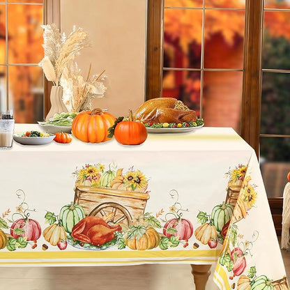 3PCS Thanksgiving Tablecloth, Disposable Plastic Tablecloths Rectangle Give Thanks Table Cover with Harvest Pumpkin Turkey for Home Kitchen Party Picnic Thanksgiving Decorations, 51.2x 86.6inch