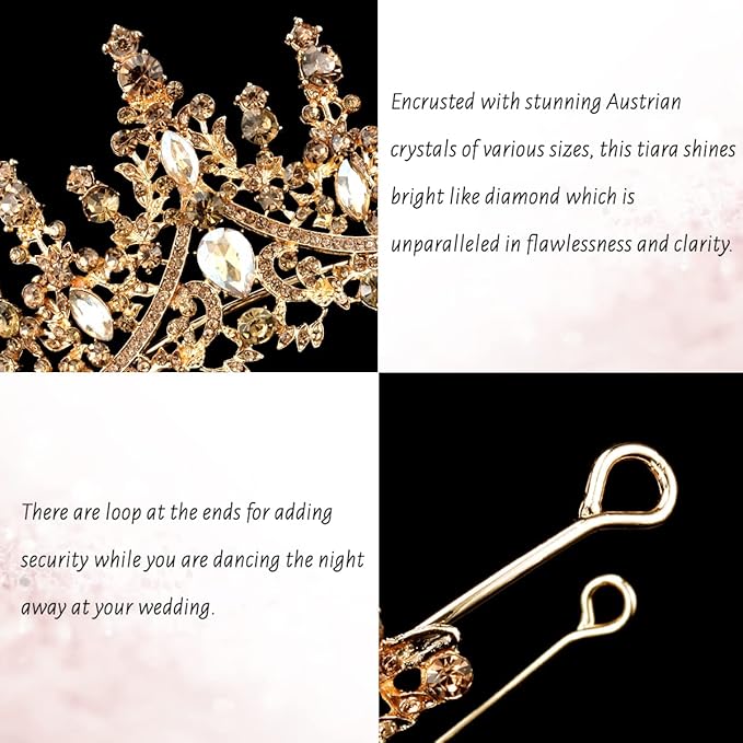 TOBATOBA Princess Crown Birthday Queen Champagne Gold Crowns for Women Crystal Wedding Tiara for Women Princess Tiara for Bride Quinceanera Halloween Costume Cosplay