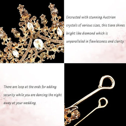 TOBATOBA Princess Crown Birthday Queen Champagne Gold Crowns for Women Crystal Wedding Tiara for Women Princess Tiara for Bride Quinceanera Halloween Costume Cosplay