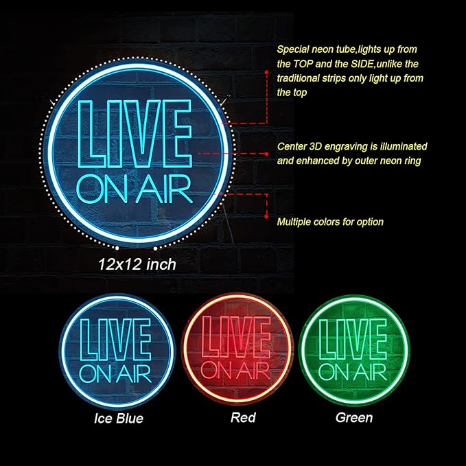 Live On Air Neon Light Sign, Round USB Powered On Air Led Light Up Sign, Dimmable Live On Air Streaming LED Sign for Tiktok, Twitch Streamer, Gamer, Game Room, Studio Decoration (Ice Blue)