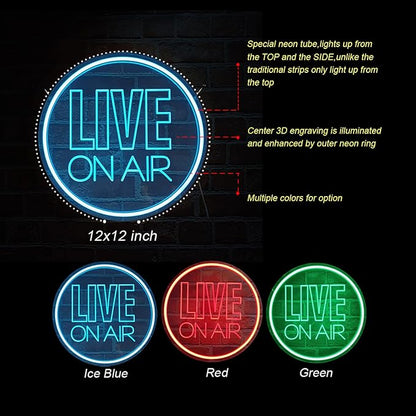 Live On Air Neon Light Sign, Round USB Powered On Air Led Light Up Sign, Dimmable Live On Air Streaming LED Sign for Tiktok, Twitch Streamer, Gamer, Game Room, Studio Decoration (Ice Blue)