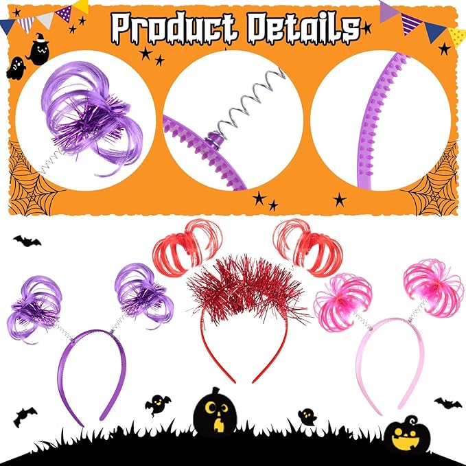 Censen 24 Pcs Pom Pom Headband Tinsel Wrapped Ponytail Head Bopper Costume Headwear Halloween Party Accessory