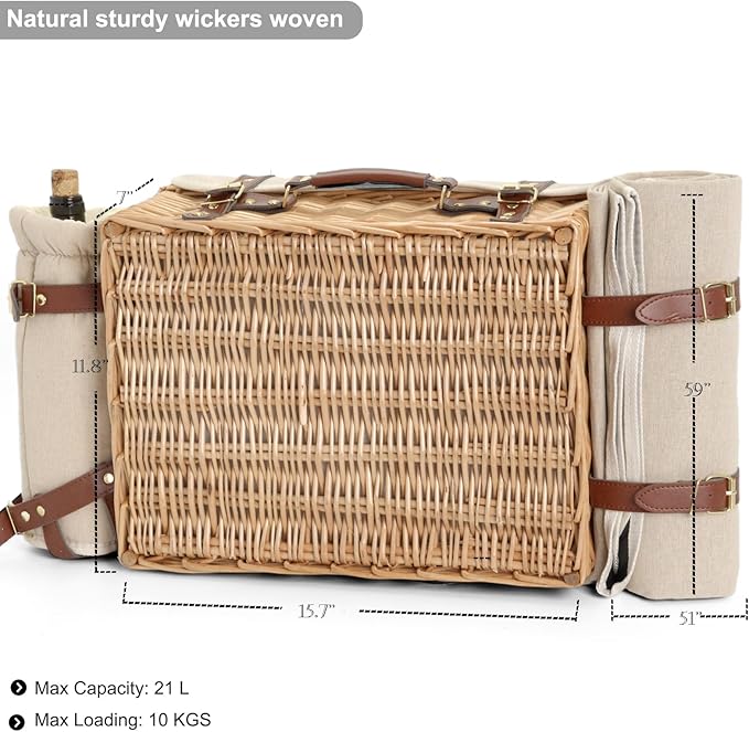 Multifunctional Wicker Picnic Basket Set for 4 with Blanket and Picnic Table, Insulated Picnic Set with Full Tablewares for Camping Outdoor Couples,Natural