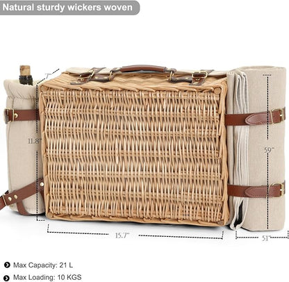 Multifunctional Wicker Picnic Basket Set for 4 with Blanket and Picnic Table, Insulated Picnic Set with Full Tablewares for Camping Outdoor Couples,Natural