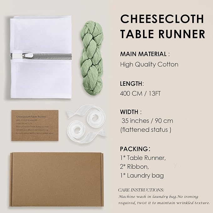 Cotton Sage Green Cheesecloth Table Runner, 13FT Cotton Table Runner Rustic Boho Green Cheese Cloth Runner for Wedding Bridal Baby Shower Table Decoration
