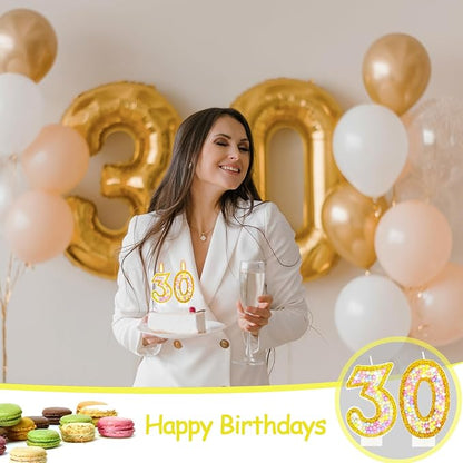 30th Birthday Candle for Cake, Colorful Macaron Numeral Candles for Women/Men, Birthday Party Cake Decorations, Golden Cake Topper for Birthday Party Supplies (Number 30)