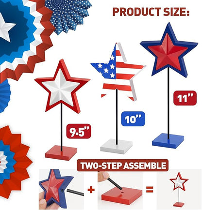 4th of July Table Decorations Accessories: 3 PCS Red White and Blue Wooden Star Signs for Home, Patriotic Wood Star Decor for Independence Day Party Favors Supplies, Rustic Tiered Tray Decor