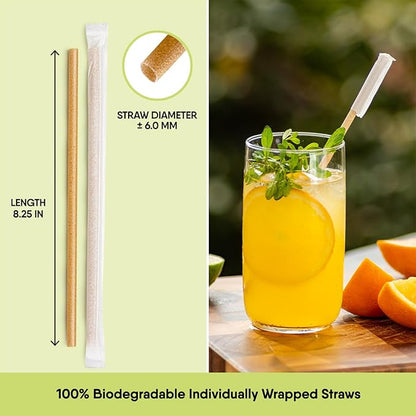 – 100 PCS of 8.25 Inches Individually Wrapped Biodegradable Straws – Made of Vegetable Fibers, Best Environment Friendly Drinking Straws for Hot and Cold Beverages