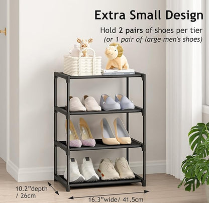 4 Tier Extra Small Shoe Rack (16.3" Wide), Narrow Stackable Kids Toddler Adult Shoe Storage Organizer Shelf for Closet Floor Entryway Bedroom, Space Saver Shoe Rack Organization Shelves