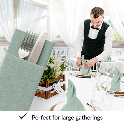 PAW - Sage Linen Feel Napkins with Built-in Flatware Pocket, Airlaid Paper Pre-Folded Napkins for Silverware, Wedding Party, Dinner, Birthday, Gatherings, Monocolor Light Green, 50 Count
