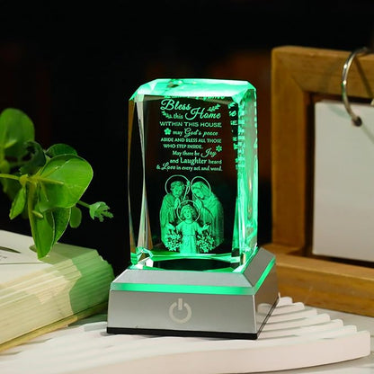 Movdyka House Warming Gifts New Home, Bless This Home Laser-Engraved Crystal Cube with Color-Changing LED Base - Spiritual Housewarming Gift for Christian Desk Decor
