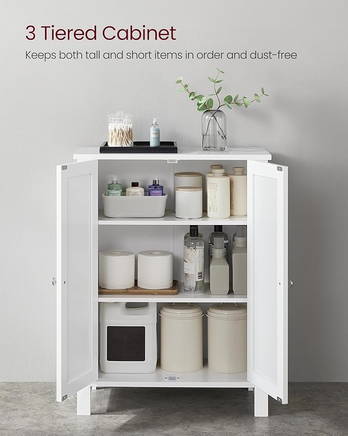 VASAGLE Floor Storage Cabinet, Freestanding Storage Unit with 2 Adjustable Shelves, for Bathroom Living Room Dining Kitchen, 11.8 x 23.6 x 31.5 Inches, Cloud White UBCB60WV1