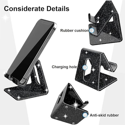 Crpich Acrylic Cell Phone Stand, Portable Phone Holder, Phone Stand for Desk, Compatible with Phone16 15 14 13 12 Pro Max Mini 11 Xr 8 Plus SE, Switch, Android Smartphone, Pad, Tablet, Glitter Black