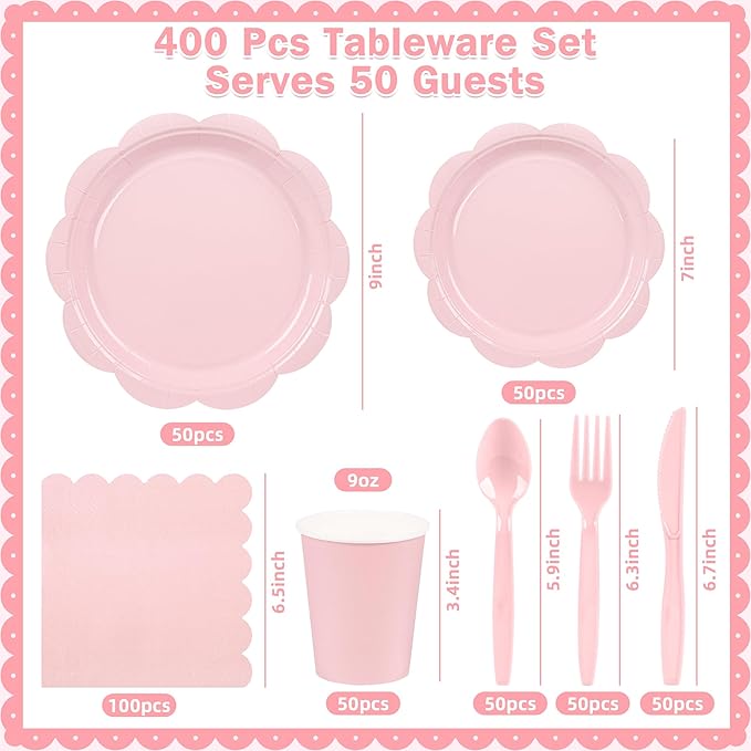 400 Pcs Pink Paper Plates and Napkins Set Party Supplies, Tableware set for 50 Guest include Disposable Pink Scalloped Plates Napkins Knives Forks Spoons Cups for Baby Shower Bridal Shower Wedding