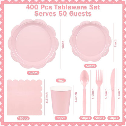 400 Pcs Pink Paper Plates and Napkins Set Party Supplies, Tableware set for 50 Guest include Disposable Pink Scalloped Plates Napkins Knives Forks Spoons Cups for Baby Shower Bridal Shower Wedding