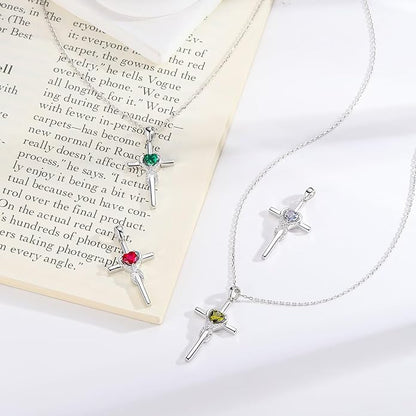 Iefil Cross Necklace for Women - 925 Sterling Silver Birthstone Necklace Jewelry Gifts for Women Wife