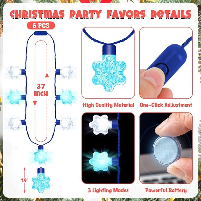6PCS Christmas Light Up Necklaces, 3 Light Modes with 7 LED Bulbs, Blue White Snowflakes Design Christmas Accessories, Wearable Decor for Ugly Sweater Party Supplies Xmas Party Favors